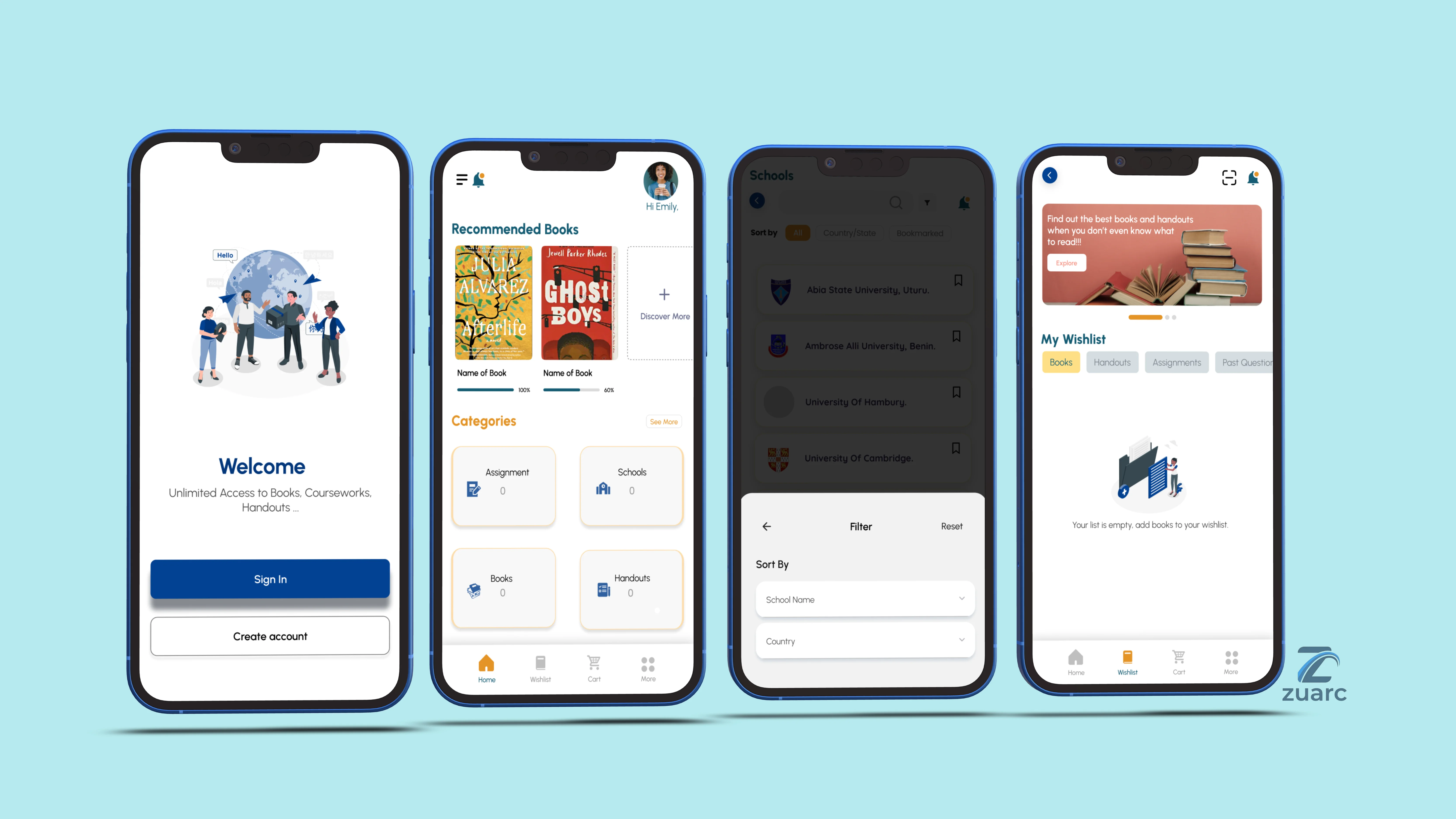 Aryu School App — student book and resource mobile app screens